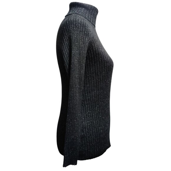 Chicos 0 Small Black Gray Silver Ribbed Metallic Turtleneck Long Sleeve Sweater - Picture 5 of 9